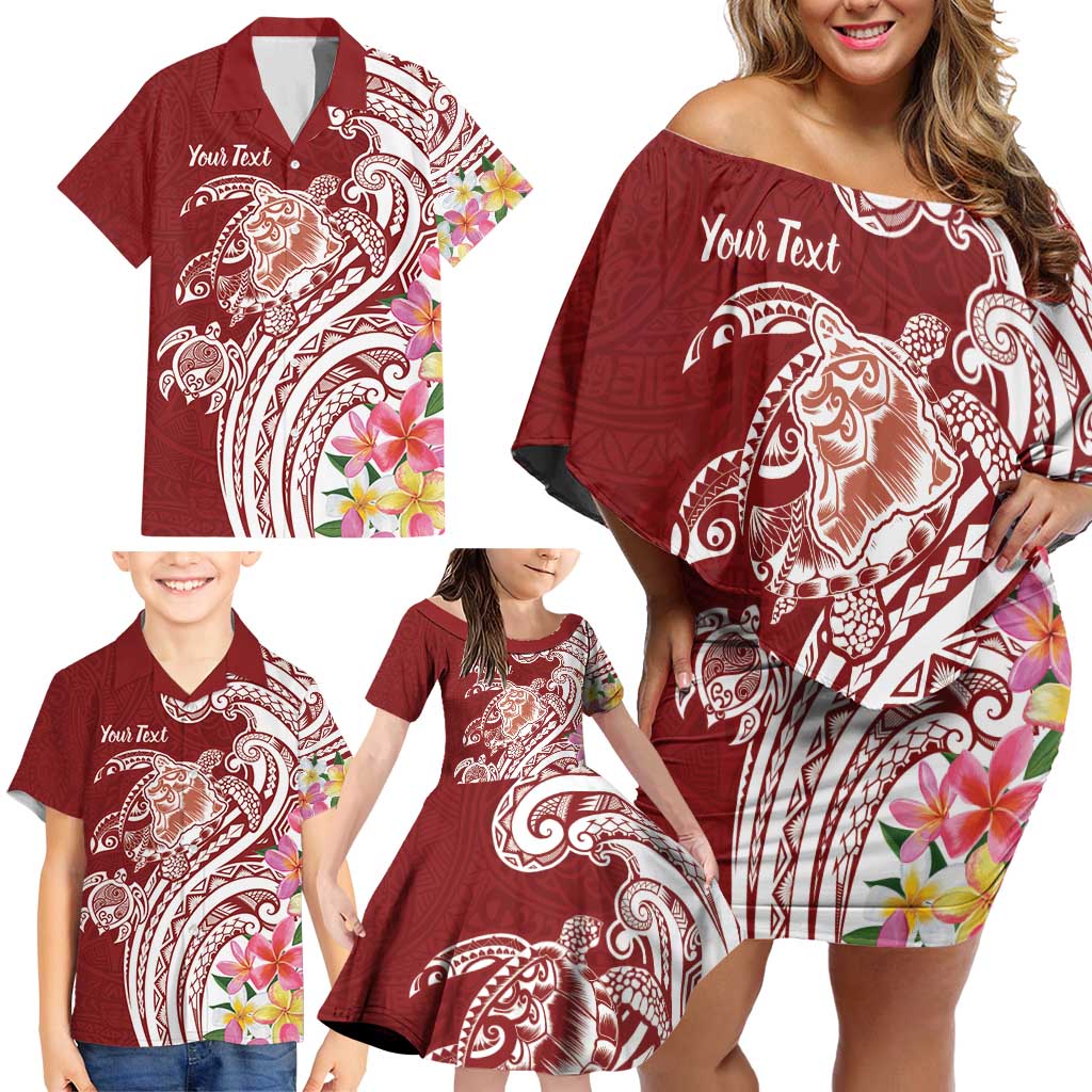 Aloha Hawaii Island Personalized Family Matching Off Shoulder Short Dress and Hawaiian Shirt Crimson Dreamy Turtle