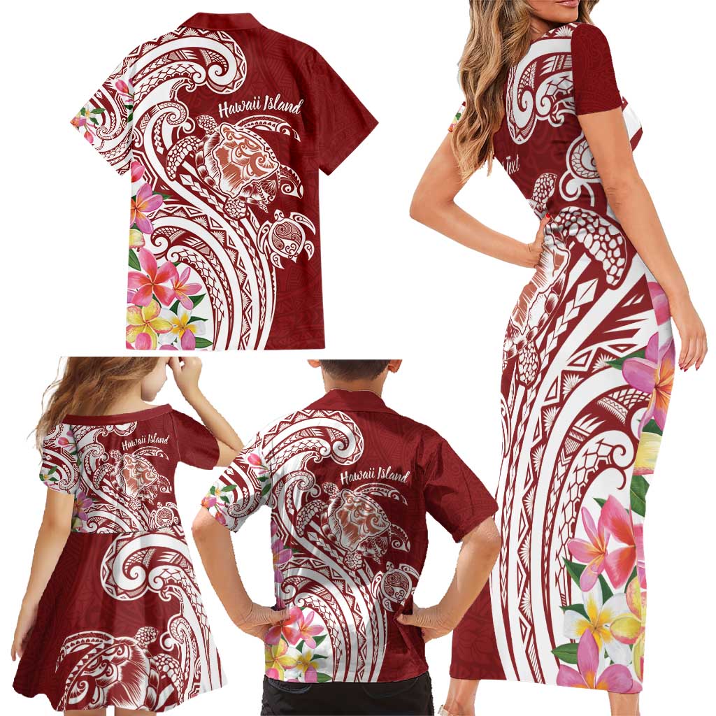 Aloha Hawaii Island Personalized Family Matching Short Sleeve Bodycon Dress and Hawaiian Shirt Crimson Dreamy Turtle