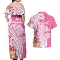 Aloha Maui Island Personalized Couples Matching Off Shoulder Maxi Dress and Hawaiian Shirt Rose Dreamy Turtle LT7 - Polynesian Pride