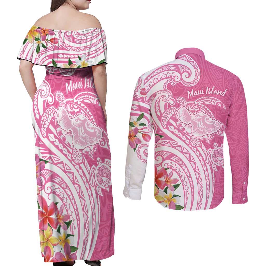 Aloha Maui Island Personalized Couples Matching Off Shoulder Maxi Dress and Long Sleeve Button Shirt Rose Dreamy Turtle LT7 - Polynesian Pride