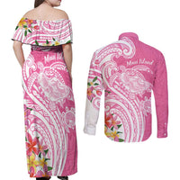 Aloha Maui Island Personalized Couples Matching Off Shoulder Maxi Dress and Long Sleeve Button Shirt Rose Dreamy Turtle LT7 - Polynesian Pride