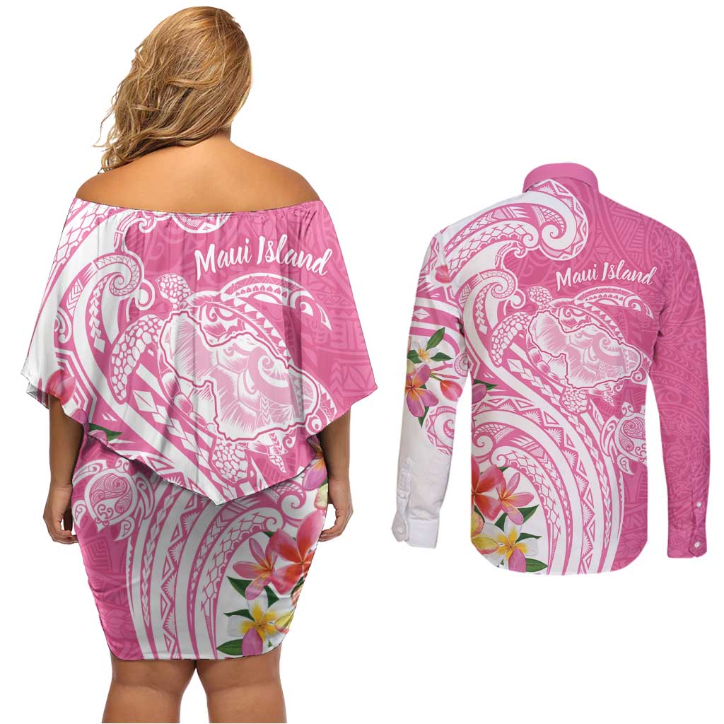 Aloha Maui Island Personalized Couples Matching Off Shoulder Short Dress and Long Sleeve Button Shirt Rose Dreamy Turtle LT7 - Polynesian Pride
