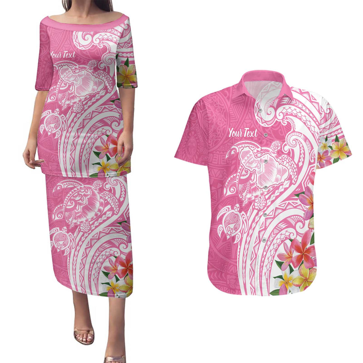 Aloha Maui Island Personalized Couples Matching Puletasi and Hawaiian Shirt Rose Dreamy Turtle LT7 Rose Pink - Polynesian Pride
