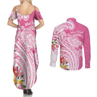 Aloha Maui Island Personalized Couples Matching Summer Maxi Dress and Long Sleeve Button Shirt Rose Dreamy Turtle LT7 - Polynesian Pride