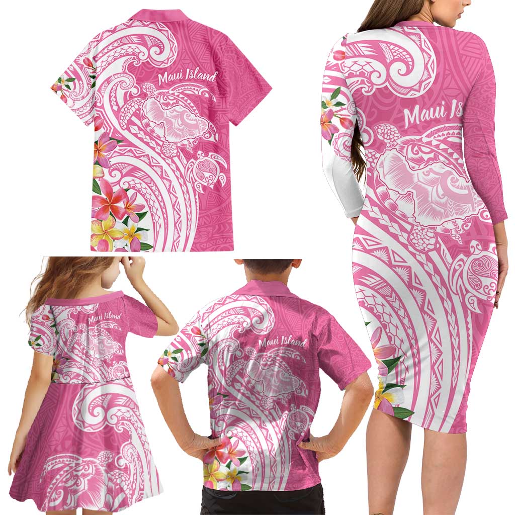 Aloha Maui Island Personalized Family Matching Long Sleeve Bodycon Dress and Hawaiian Shirt Rose Dreamy Turtle