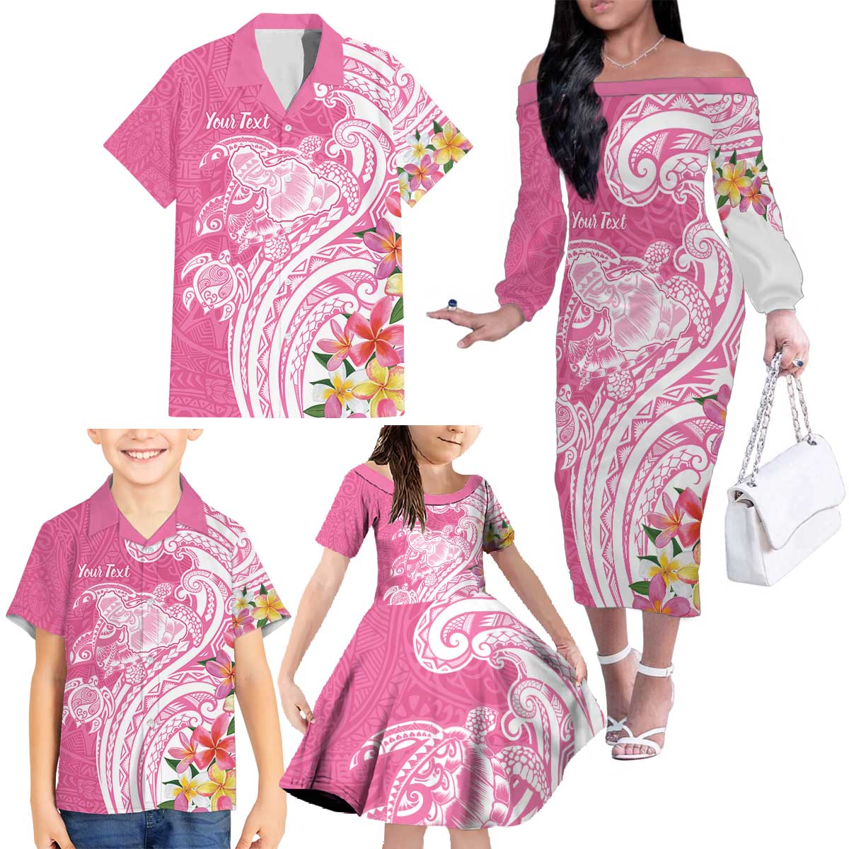 Aloha Maui Island Personalized Family Matching Off The Shoulder Long Sleeve Dress and Hawaiian Shirt Rose Dreamy Turtle