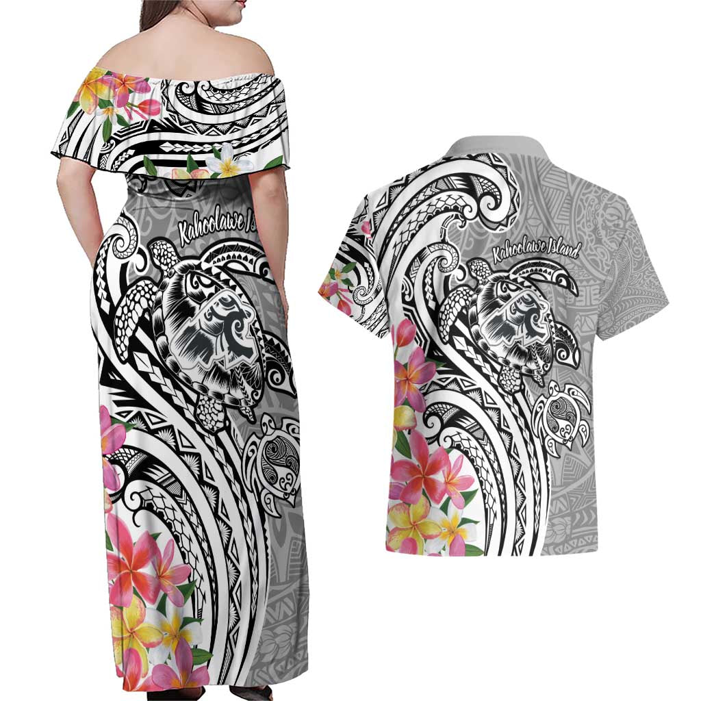 Aloha Kahoolawe Island Personalized Couples Matching Off Shoulder Maxi Dress and Hawaiian Shirt Ashen Dreamy Turtle LT7 - Polynesian Pride
