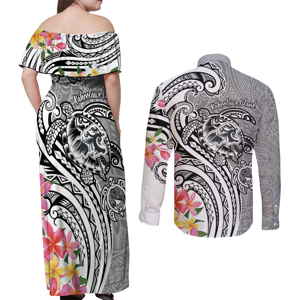 Aloha Kahoolawe Island Personalized Couples Matching Off Shoulder Maxi Dress and Long Sleeve Button Shirt Ashen Dreamy Turtle LT7 - Polynesian Pride
