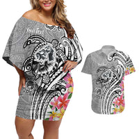 Aloha Kahoolawe Island Personalized Couples Matching Off Shoulder Short Dress and Hawaiian Shirt Ashen Dreamy Turtle LT7 Grey - Polynesian Pride