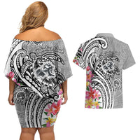Aloha Kahoolawe Island Personalized Couples Matching Off Shoulder Short Dress and Hawaiian Shirt Ashen Dreamy Turtle LT7 - Polynesian Pride