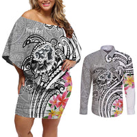 Aloha Kahoolawe Island Personalized Couples Matching Off Shoulder Short Dress and Long Sleeve Button Shirt Ashen Dreamy Turtle LT7 Grey - Polynesian Pride