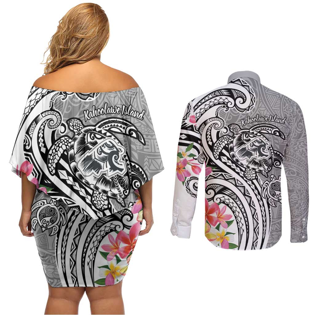 Aloha Kahoolawe Island Personalized Couples Matching Off Shoulder Short Dress and Long Sleeve Button Shirt Ashen Dreamy Turtle LT7 - Polynesian Pride