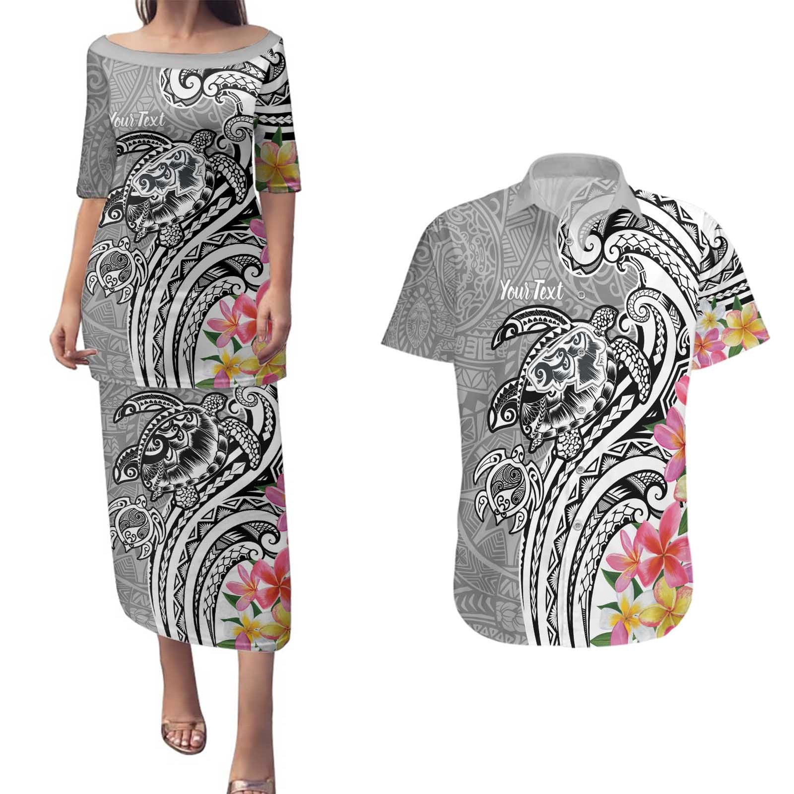 Aloha Kahoolawe Island Personalized Couples Matching Puletasi and Hawaiian Shirt Ashen Dreamy Turtle LT7 Grey - Polynesian Pride