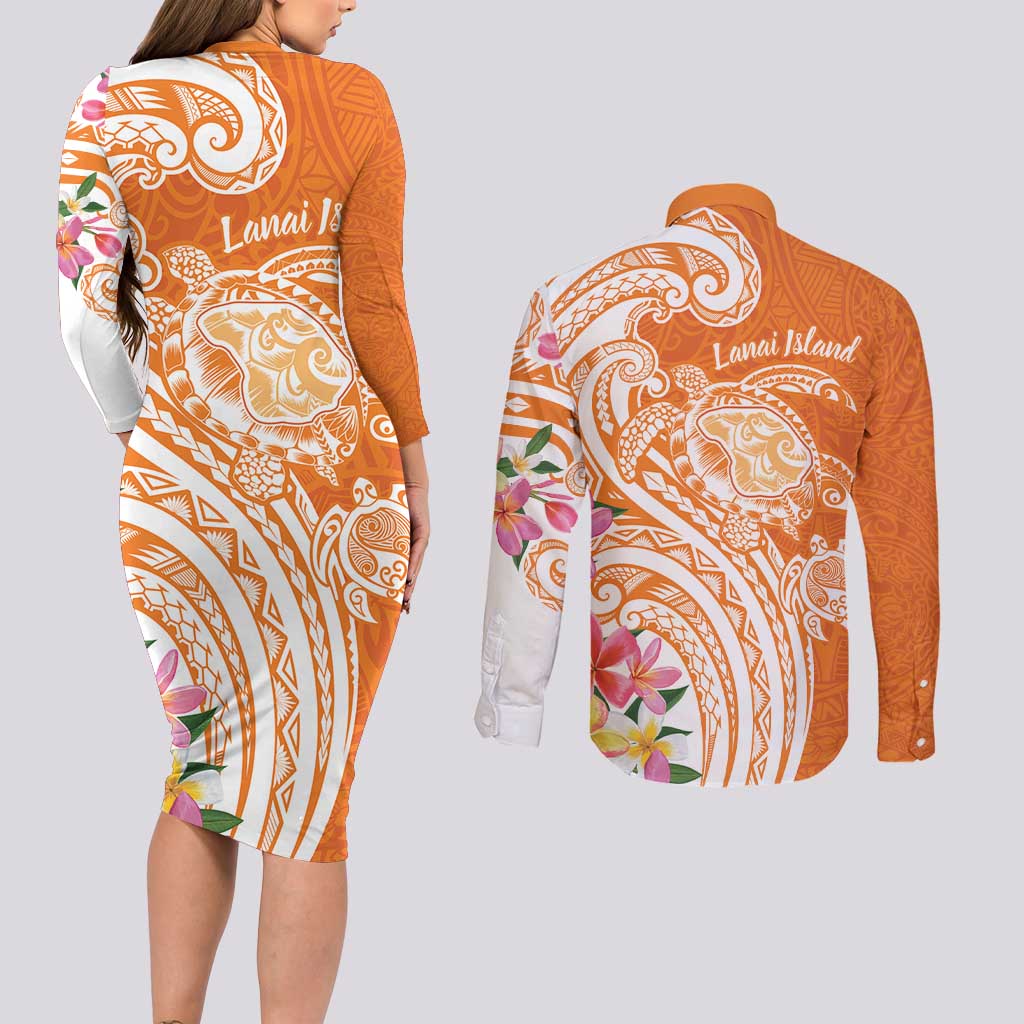 Aloha Lanai Island Personalized Couples Matching Long Sleeve Bodycon Dress and Long Sleeve Button Shirt Orange Dreamy Turtle LT7 - Polynesian Pride