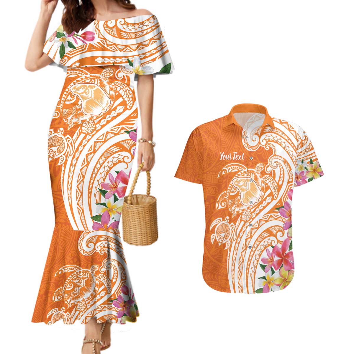 Aloha Lanai Island Personalized Couples Matching Mermaid Dress and Hawaiian Shirt Orange Dreamy Turtle LT7 Orange - Polynesian Pride