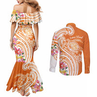 Aloha Lanai Island Personalized Couples Matching Mermaid Dress and Long Sleeve Button Shirt Orange Dreamy Turtle LT7 - Polynesian Pride