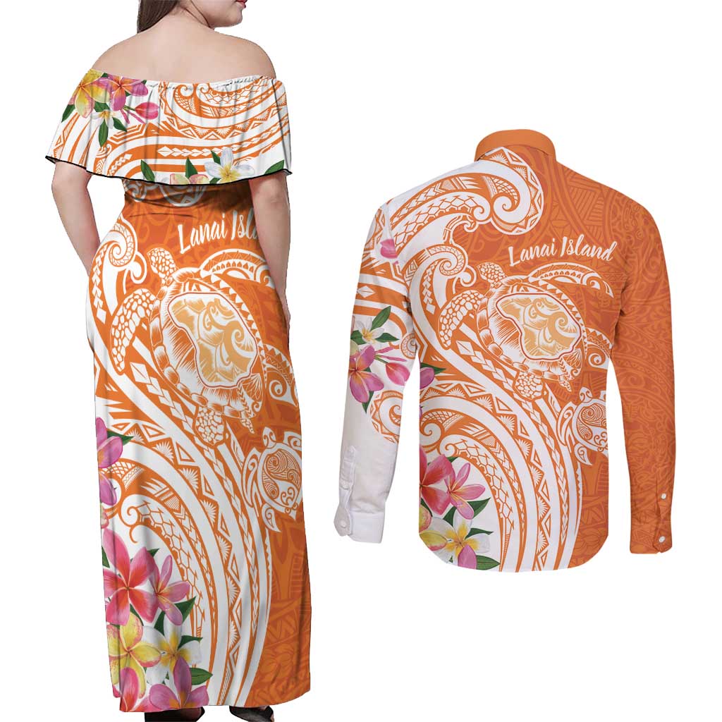 Aloha Lanai Island Personalized Couples Matching Off Shoulder Maxi Dress and Long Sleeve Button Shirt Orange Dreamy Turtle LT7 - Polynesian Pride
