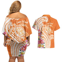 Aloha Lanai Island Personalized Couples Matching Off Shoulder Short Dress and Hawaiian Shirt Orange Dreamy Turtle LT7 - Polynesian Pride