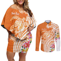 Aloha Lanai Island Personalized Couples Matching Off Shoulder Short Dress and Long Sleeve Button Shirt Orange Dreamy Turtle