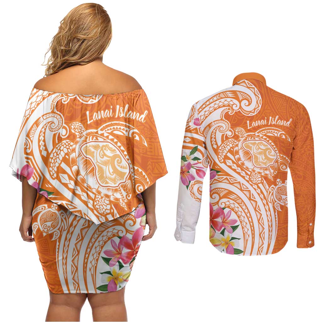 Aloha Lanai Island Personalized Couples Matching Off Shoulder Short Dress and Long Sleeve Button Shirt Orange Dreamy Turtle