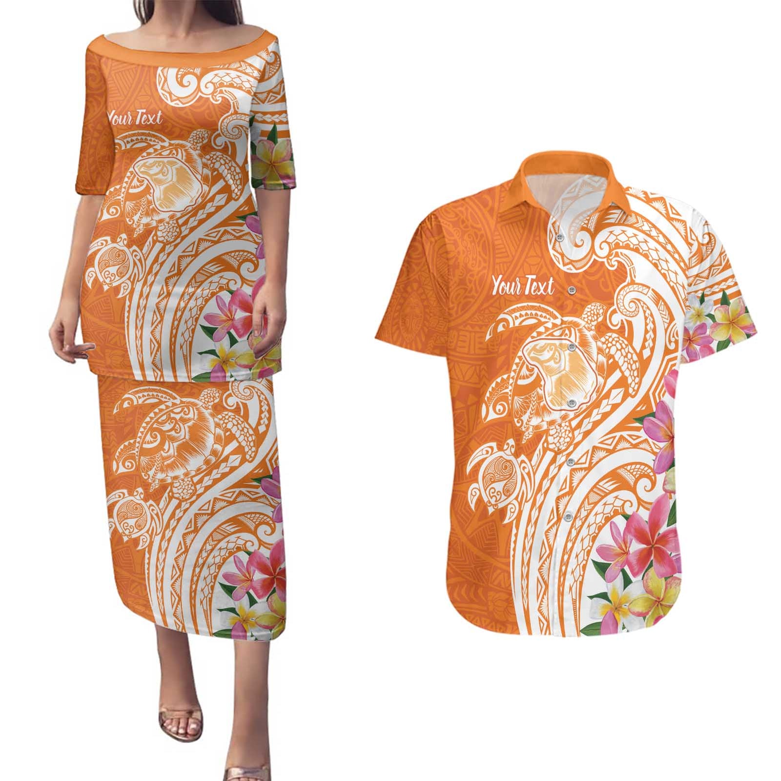 Aloha Lanai Island Personalized Couples Matching Puletasi and Hawaiian Shirt Orange Dreamy Turtle LT7 Orange - Polynesian Pride
