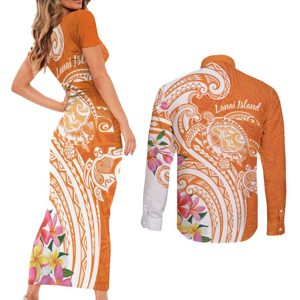 Aloha Lanai Island Personalized Couples Matching Short Sleeve Bodycon Dress and Long Sleeve Button Shirt Orange Dreamy Turtle LT7 - Polynesian Pride