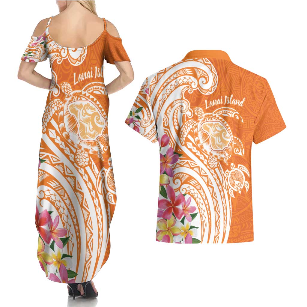 Aloha Lanai Island Personalized Couples Matching Summer Maxi Dress and Hawaiian Shirt Orange Dreamy Turtle LT7 - Polynesian Pride