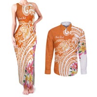 Aloha Lanai Island Personalized Couples Matching Tank Maxi Dress and Long Sleeve Button Shirt Orange Dreamy Turtle LT7 Orange - Polynesian Pride
