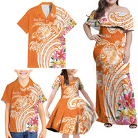 Aloha Lanai Island Personalized Family Matching Off Shoulder Maxi Dress and Hawaiian Shirt Orange Dreamy Turtle