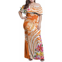 Aloha Lanai Island Personalized Family Matching Off Shoulder Maxi Dress and Hawaiian Shirt Orange Dreamy Turtle