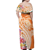 Aloha Lanai Island Personalized Family Matching Off Shoulder Maxi Dress and Hawaiian Shirt Orange Dreamy Turtle
