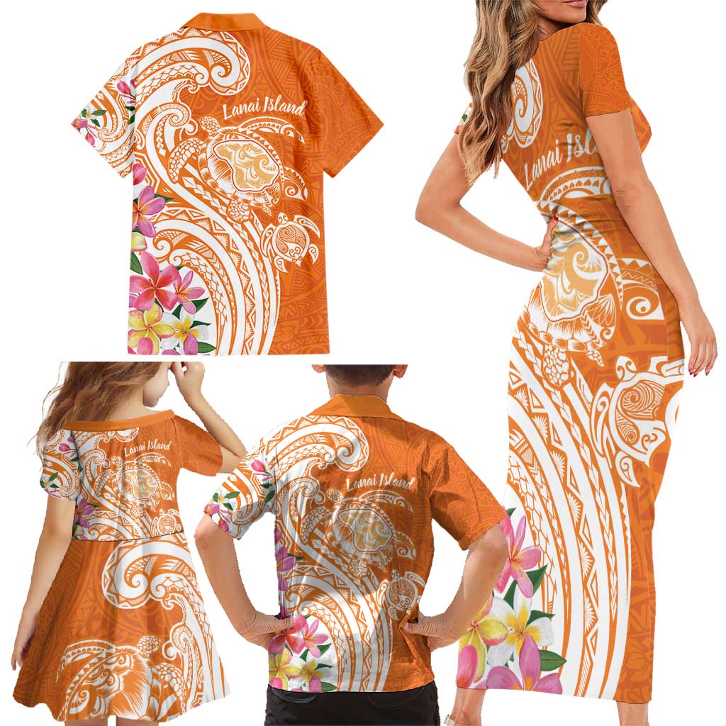 Aloha Lanai Island Personalized Family Matching Short Sleeve Bodycon Dress and Hawaiian Shirt Orange Dreamy Turtle