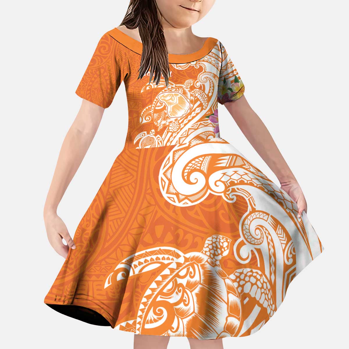 Aloha Lanai Island Personalized Kid Short Sleeve Dress Orange Dreamy Turtle LT7 KID Orange - Polynesian Pride