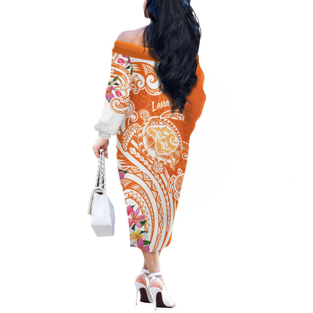 Aloha Lanai Island Personalized Off The Shoulder Long Sleeve Dress Orange Dreamy Turtle