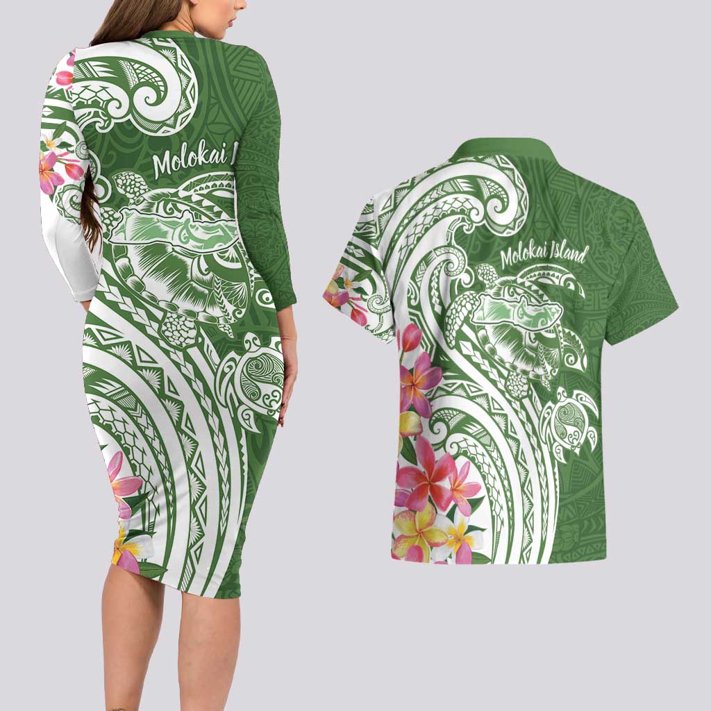 Aloha Molokai Island Personalized Couples Matching Long Sleeve Bodycon Dress and Hawaiian Shirt Sage Dreamy Turtle