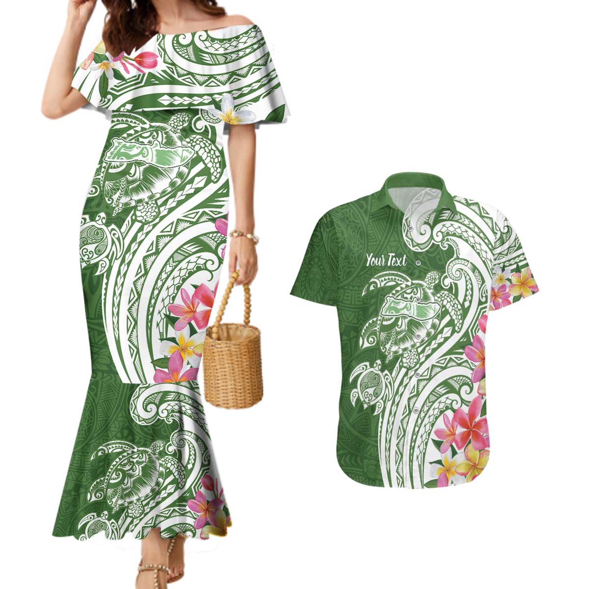 Aloha Molokai Island Personalized Couples Matching Mermaid Dress and Hawaiian Shirt Sage Dreamy Turtle