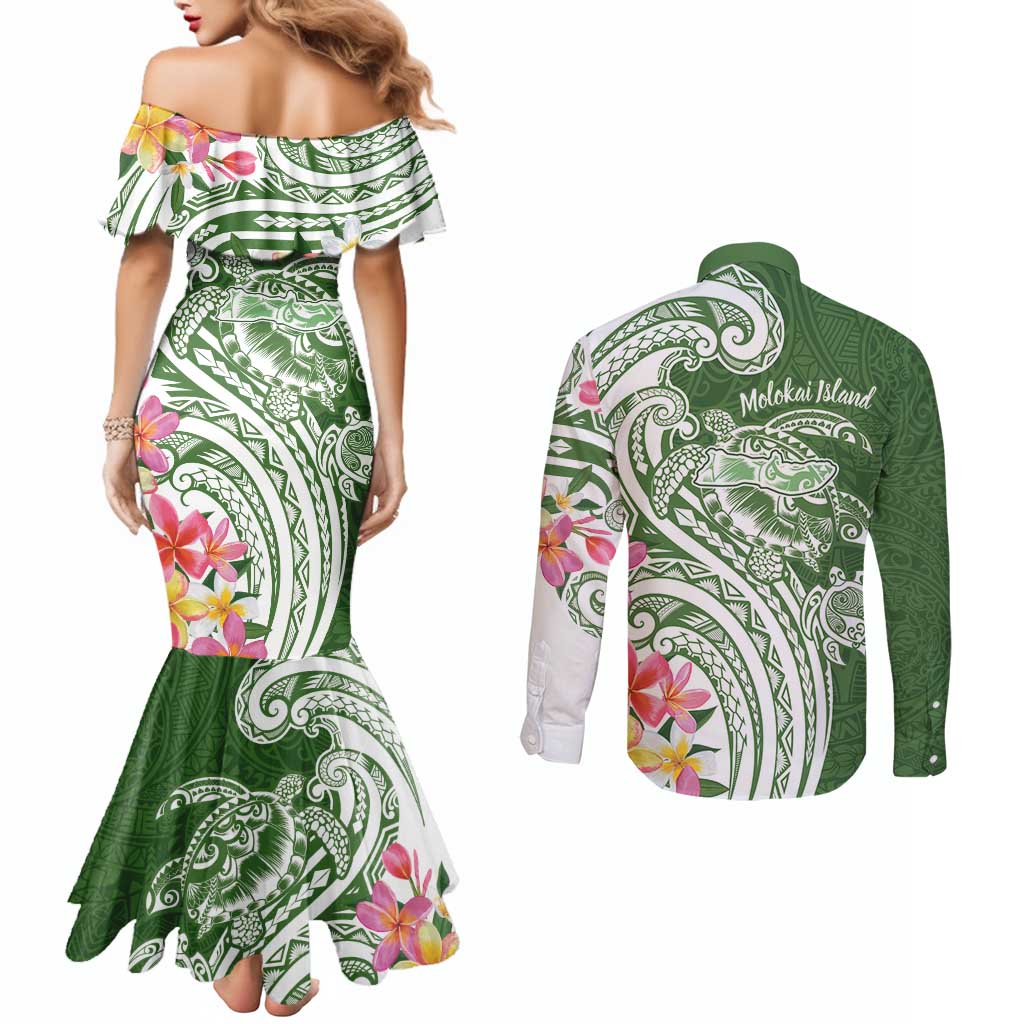 Aloha Molokai Island Personalized Couples Matching Mermaid Dress and Long Sleeve Button Shirt Sage Dreamy Turtle