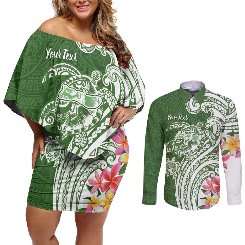 Aloha Molokai Island Personalized Couples Matching Off Shoulder Short Dress and Long Sleeve Button Shirt Sage Dreamy Turtle