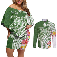 Aloha Molokai Island Personalized Couples Matching Off Shoulder Short Dress and Long Sleeve Button Shirt Sage Dreamy Turtle