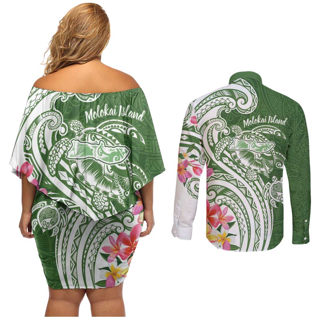 Aloha Molokai Island Personalized Couples Matching Off Shoulder Short Dress and Long Sleeve Button Shirt Sage Dreamy Turtle