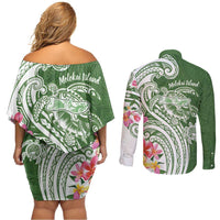 Aloha Molokai Island Personalized Couples Matching Off Shoulder Short Dress and Long Sleeve Button Shirt Sage Dreamy Turtle