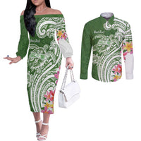Aloha Molokai Island Personalized Couples Matching Off The Shoulder Long Sleeve Dress and Long Sleeve Button Shirt Sage Dreamy Turtle