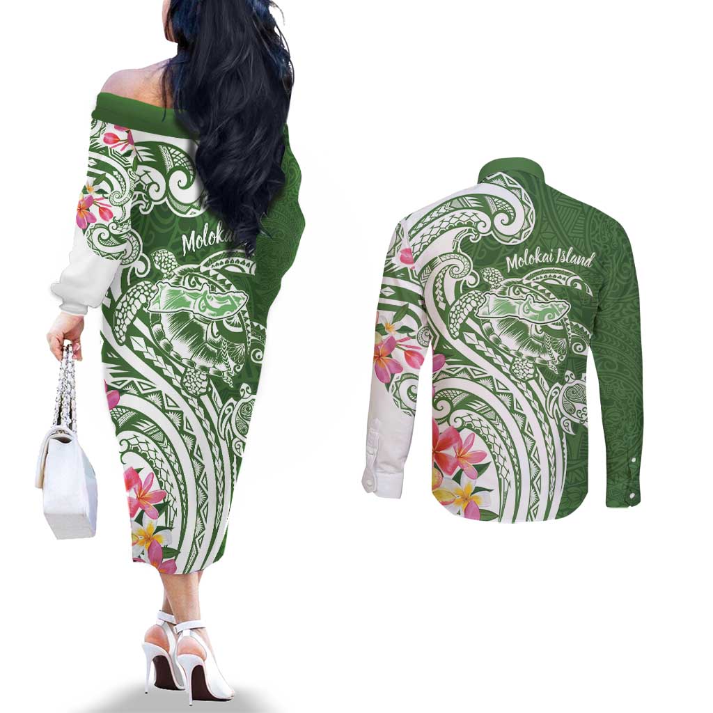Aloha Molokai Island Personalized Couples Matching Off The Shoulder Long Sleeve Dress and Long Sleeve Button Shirt Sage Dreamy Turtle