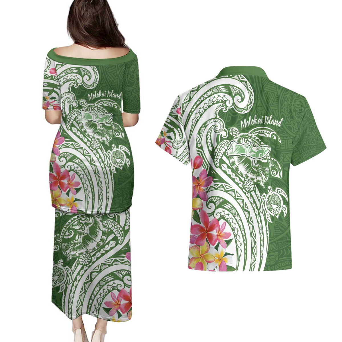 Aloha Molokai Island Personalized Couples Matching Puletasi and Hawaiian Shirt Sage Dreamy Turtle
