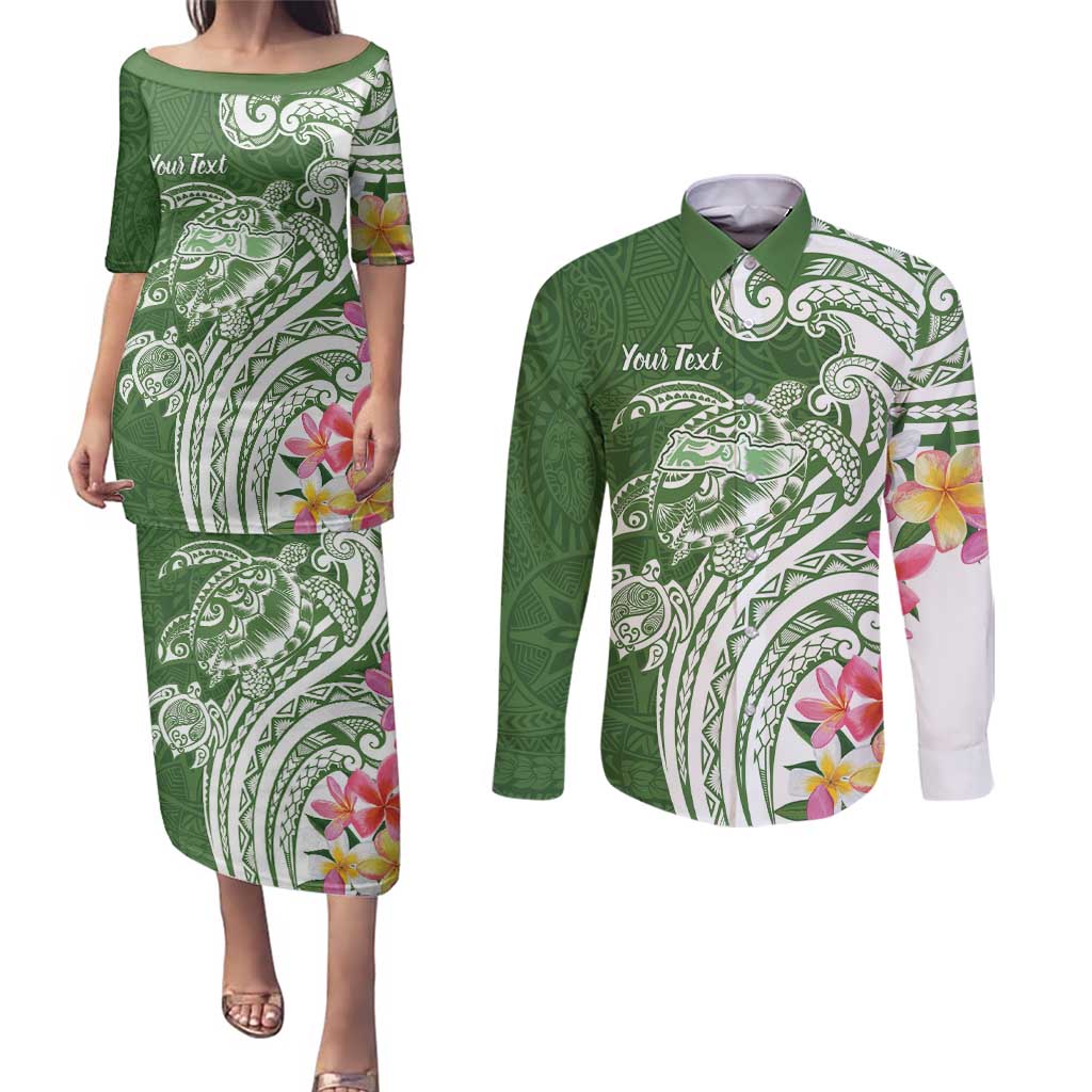 Aloha Molokai Island Personalized Couples Matching Puletasi and Long Sleeve Button Shirt Sage Dreamy Turtle