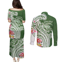 Aloha Molokai Island Personalized Couples Matching Puletasi and Long Sleeve Button Shirt Sage Dreamy Turtle