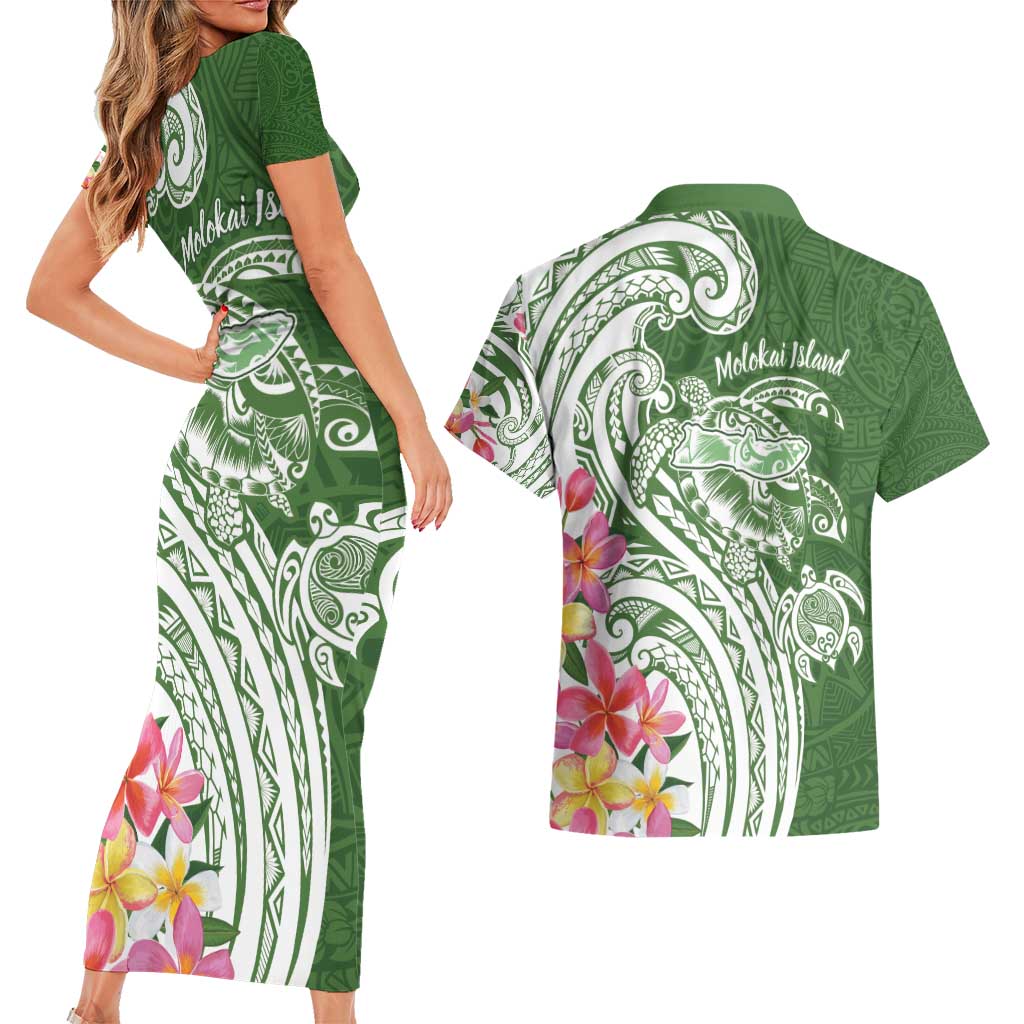 Aloha Molokai Island Personalized Couples Matching Short Sleeve Bodycon Dress and Hawaiian Shirt Sage Dreamy Turtle