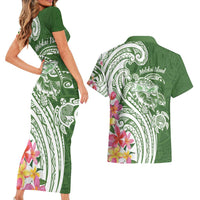 Aloha Molokai Island Personalized Couples Matching Short Sleeve Bodycon Dress and Hawaiian Shirt Sage Dreamy Turtle