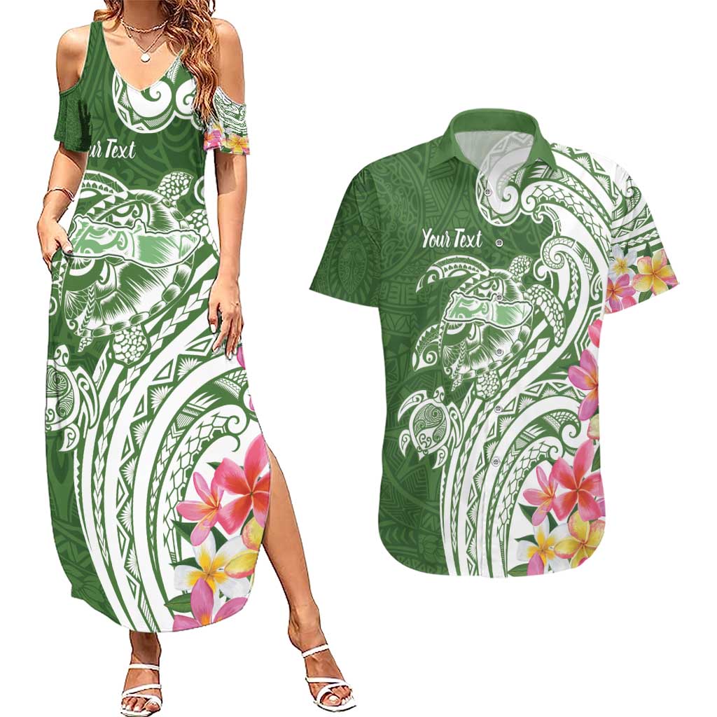 Aloha Molokai Island Personalized Couples Matching Summer Maxi Dress and Hawaiian Shirt Sage Dreamy Turtle