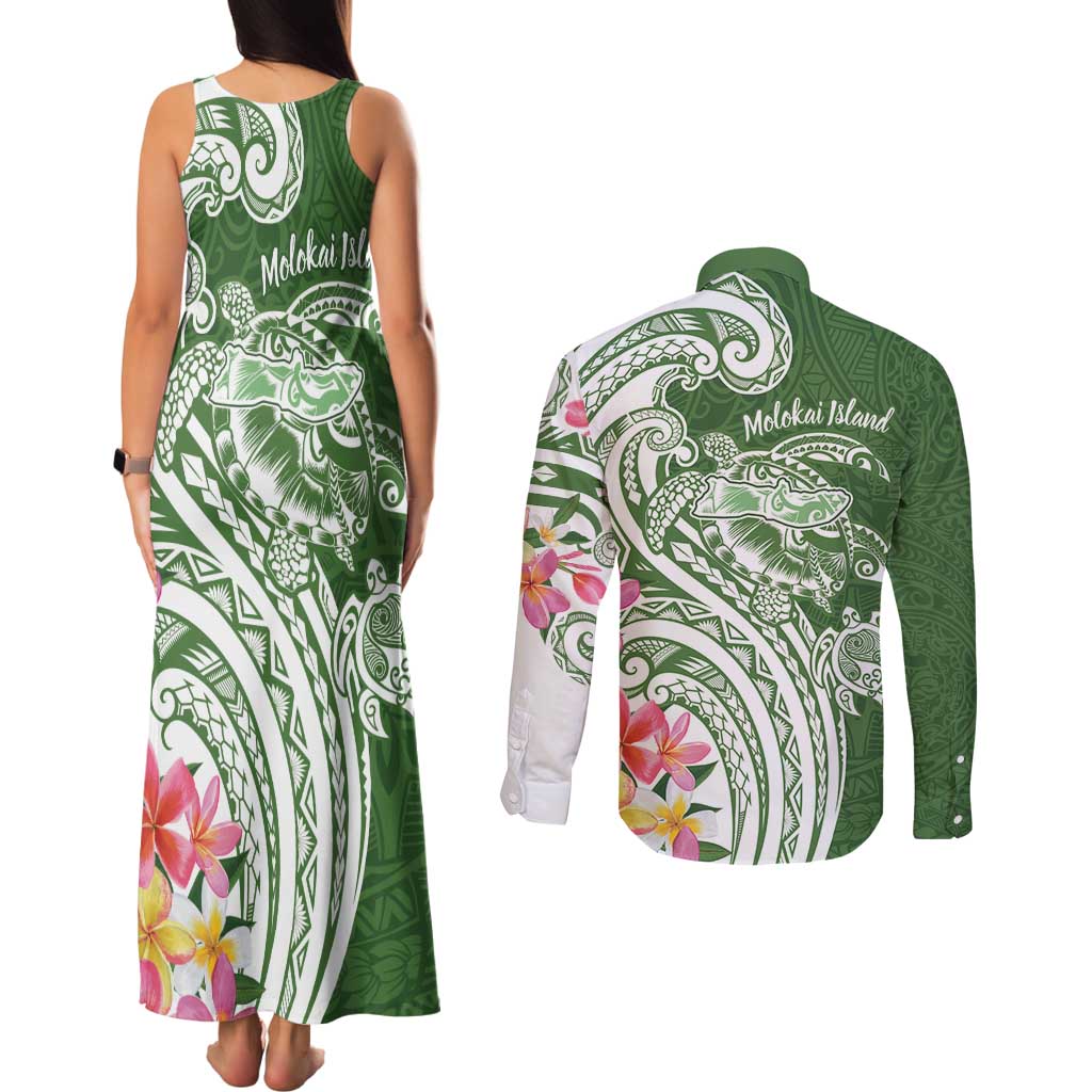 Aloha Molokai Island Personalized Couples Matching Tank Maxi Dress and Long Sleeve Button Shirt Sage Dreamy Turtle